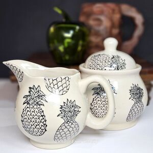 Vtg Signature Housewares Black Pineapples & White Lidded Sugar Bowl Dish Set / 2